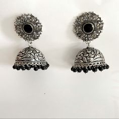 Nwot Beautiful Beaded Silver Chandelier Earrings- Made In India Elegant Black Jhumkas With Latkans, Elegant Silver Beaded Earrings With Latkans, Elegant Dangle Jhumkas For Festivals, Bohemian Black Earrings For Festive Occasions, Black Bohemian Earrings For Festive Occasions, Black Dangle Jhumkas With Latkans, Bohemian Black Jhumkas As Gift, Traditional Black Dangle Chandelier Earrings, Bohemian Black Jhumkas For Gift