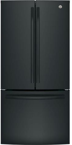 a black refrigerator freezer with two doors