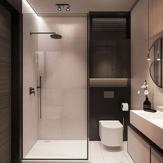 a bathroom with a walk in shower next to a white sink and toilet under a round mirror