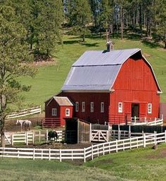 a red barn sits on the side of a hill with horses grazing in front of it