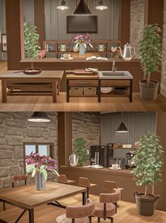 three different views of a kitchen and dining room with wood flooring, stone walls, potted plants on the table