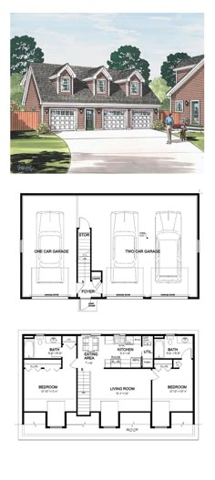 two story house plans with three car garages on each floor and an attached living area