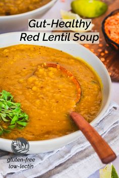 a bowl filled with red lentula soup and garnished with cilantro