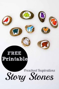 rocks with the words free printable story stones in black and white on them, surrounded by images of animals