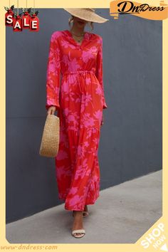 Floral Drawstring Waist Long Sleeve Dress Casual Drawstring Maxi Dress For The Beach, Casual Beach Maxi Dress With Drawstring, Casual Maxi Dress With Drawstring For Beach, Summer Maxi Dress With Drawstring For Spring, Spring Summer Maxi Dress With Drawstring, Spring Maxi Dress With Drawstring, Spring/summer Maxi Dress With Drawstring, Casual Maxi Dress With Drawstring For Day Out, Red Drawstring Dress For Spring