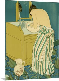 a painting of a woman washing her hands in front of a sink with a mirror