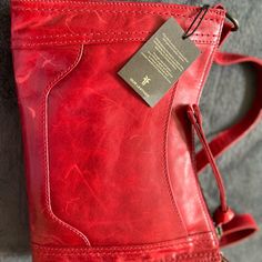 New Frye Leather Bag That Has Never Been Carried. Red Color With Shoulder Straps And Medium Size! Red Leather-lined Crossbody Bag, Red Shoulder Bag With Leather Backing For Everyday Use, Red Leather Shoulder Bag For Everyday Use, Medium Size, Red Color, Leather Bag, Bag Lady, Red, Leather