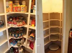 two pictures side by side one shows the inside of a pantry and the other shows shelves with food