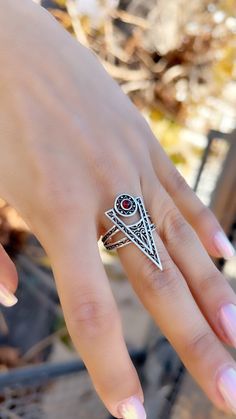 Sterling silver 925 Armenian ring , triangle ring , geometrical jewellery , red garnet Armenian taraz ring handmade ring triangle Ring: 5 gr Earrings : 7.8 gr  Material: STERLING Silver 925 Armenian Ring, Armenian Jewelry, Triangle Ring, Armenia, Red Garnet, Ring Handmade, Sterling Silber, Handmade Ring, Silver 925