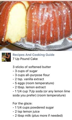 the recipe for a pound cake is shown with instructions on how to bake it