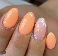 Acrylic Nails With Flowers, Spring Gel Nails Ideas, Nails With Flowers, Orange Acrylic Nails, Acrylic Nails Almond Shape, Teen Nails