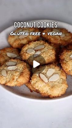 cookies with almonds are on a white plate and text reads coconut cookies gluten free vegan