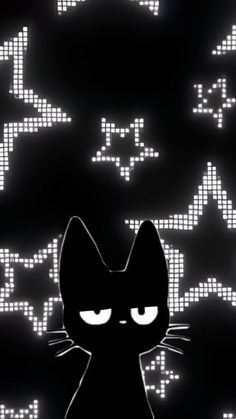 a black cat sitting in front of some white stars on a dark background with lights