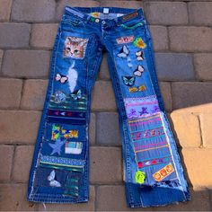 One Of A Kind Up, Cycled Patched Embroidered Very Cool Pair Of Flared Leg Lucky Brand Lil Maggie Denim Jeans These Took Over 13 Hours To Create This One Of A Kind Design These Are A Size 8 Inseam Is 29 3/4” These Are A Low Cut Jean That Has Two Button Closure And Extra Buttons If You Want To Cinch In The Top These Are Comprised Of Patches I Made And Fabrics New, And Old That I Have Gathered For A Long Time They Can Be Machine Washed And Dried, And Have Been To Show You Final Result Recommend To Wash And Dry In Inside Out For Best Results Price Is Firm Monies From The Sale, Go To Rescue Dogs And Cats In Our Area. We Are Not A 5013c Just A Group Of Blue Patchwork Jeans For Fall, Fall Blue Patchwork Jeans, Relaxed Fit Multicolor Denim Bottoms, Embroidered Denim Flare Jeans For Fall, Fall Embroidered Denim Flare Jeans, Blue Bohemian Denim Pants, Bohemian Blue Denim Pants, Bohemian Style Blue Denim Pants, Multicolor Denim Patchwork Pants