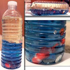 there are several pictures of plastic bottles with different things in them and one is filled with water