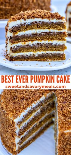 the best ever pumpkin cake with white frosting is cut into slices and served on plates