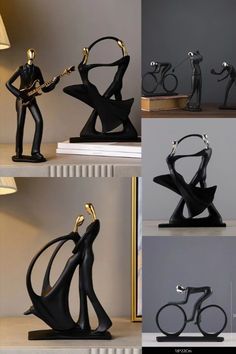 four different views of the same sculpture, each with an individual figure holding a bike