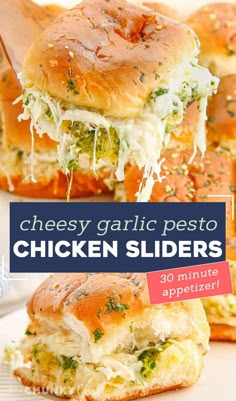 the chicken sliders are made with cheesy garlic pesto and shredded cheese