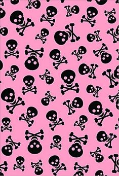 a pink background with skulls and crossbones in black on the bottom right corner