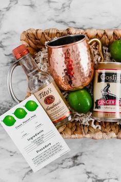 moscow mule kit with free recipe card printables on marble counter top and copper mug