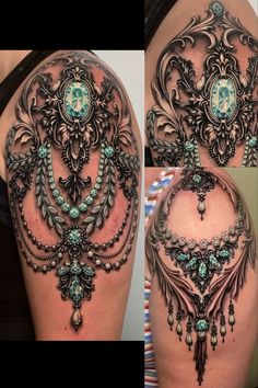 the back of a woman's shoulder with an intricate design and turquoise jewels on it