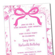 a pink and white birthday party card with a bow