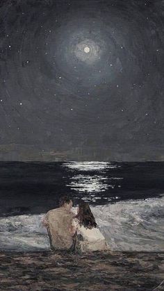 two people are sitting on the beach at night, looking at the stars in the sky