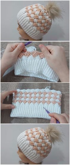 the instructions to make a knitted hat with pom - poms