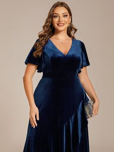 Dress to impress with our stunning Plus Size Lotus Leaf Hem A-Line Velvet Evening Dress. Designed with a lotus leaf hem and flared A-line skirt, this dress offers a chic and sophisticated look for any special occasion. The plush velvet fabric drapes gracefully over your figure, while the V-neckline and ruffled sleeves add a touch of romance. Whether you're attending a gala, wedding, or romantic dinner, this dress will make you feel like the belle of the ball. Fit: Please refer to size chart. Len Velvet Evening Gown, Velvet Evening Dress, Concert Dresses, Velvet Bridesmaid Dresses, Ever Pretty, Evening Dresses Plus Size, Lotus Leaf, Ruffled Sleeves, Navy Blue Dresses