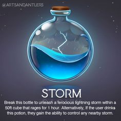 an image of a bottle with water in it and the caption reads, storm break this bottle to unleash a ferocious lightning storm within a 50 cubicle that rags for 1 hour