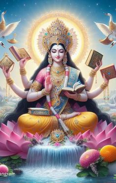 the goddess sitting on top of a waterfall with books in her hands, surrounded by flowers and