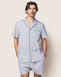 Now, our bestselling pajama styles are available as short sets for men! This Classic Short Set is accented with, contrast piping and finished with pearl buttons. The fabric is made from 100% of the finest quality cotton. It is yarn-dyed to prevent fade and brushed for added softness making the sleepwear feel absolutely luxurious, getting cozier after each wash. You will be tucked in luxury and off to dreamland. Bonne nuit. Cotton Collared Sleepwear For Lounging, Collared Cotton Sleepwear For Lounging, Cotton Sleepwear With Camp Collar For Loungewear, Collared Cotton Sleepwear With Relaxed Fit, Relaxed Fit Cotton Sleepwear With Collar, Striped Cotton Short Sleeve Sleepwear, Collared Cotton Sleepwear For Bedtime, Striped Cotton Sleepwear With Relaxed Fit, Collared Cotton Sleepwear For Home