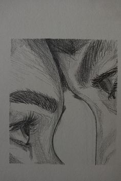 a pencil drawing of two eyes with one eye closed and the other half open,