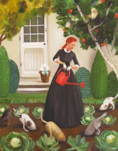 a painting of a woman watering the garden with her dogs and cats by an apple tree