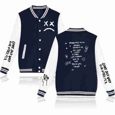 Singer Lil Peep Sad Face Baseball Blue White Varsity Bomber Wool Jacket at Leather Jacket Black. Winter Varsity Jacket With Letter Print, Fitted Long Sleeve Varsity Jacket For Winter, Fitted Cotton Varsity Outerwear, Spring Cotton Varsity Jacket With Crew Neck, Casual Long Sleeve Cotton Varsity Jacket, Casual Blue Varsity Jacket, Casual Long Sleeve Letter Print Cardigan, Blue Long Sleeve Varsity Jacket For Fall, Fitted Cotton Varsity Jacket For Fall