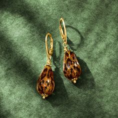 Ross-Simons - Italian Leopard-Print Murano Glass Drop Earrings in 18kt Yellow Gold Over Sterling. An RS exclusive. Get in on the animal-inspired craze! Our teardrop earrings feature one of today's hottest trends, leopard-print in Murano glass droplets. Crafted in Italy, each Murano bead is handmade, so no two are alike. Set in polished 18kt yellow gold over sterling silver. Hanging length is 1 3/4". Leverback, leopard-print Murano glass drop earrings. Elegant Handmade Tortoiseshell Jewelry, Elegant Hypoallergenic Bronze Earrings, Elegant Tortoiseshell Drop Earrings, Elegant Bronze Hypoallergenic Jewelry, Glass Drop Earrings, Fine Jewelery, Earrings In Gold, Hottest Trends, Teardrop Earrings