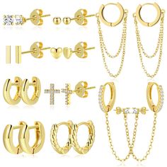 PRICES MAY VARY. 【Gold Huggie Hoop Earrings for Women】You will receive 12 pairs of 14K real gold-plated stud earrings and earrings in total. Each pairs of earrings is dainty individually packaged. The classic style, and they are suitable for various outfits, they look super cute together. 【High Quality & Hypoallergenic】Made of high-quality 14K real gold plating process, not easy to fade and irritate the skin. The strong flexible clasp for easy opening and closing, won't loosen. Lightweight desig Earrings Pack, Gold Huggie Hoop Earrings, Dating Gifts, Cartilage Jewelry, Cartilage Earrings Stud, Heart Shaped Earrings, Hoop Earring Sets, Studs Earrings, Rhinestone Heart