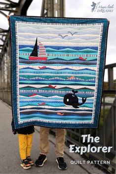 Blue nautical quilt for kids from Magic Little Dreams "The Explorer". In this quilt, patchwork creates the ocean where appliqued fish, birds, a whale and an explorer ship thrive. Quilt For Boys, Fish Applique, Ocean Quilt, Nautical Quilt, Bird Applique, Baby Boy Quilts, Animal Quilts