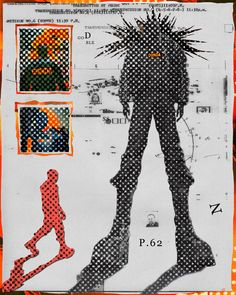 an altered photograph of a man with spikes on his head and legs, standing in front of a poster