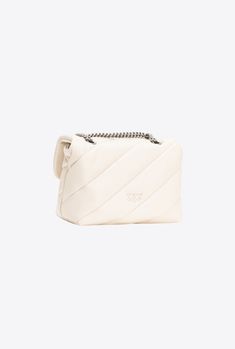 Mini Love Bag Puff in soft nappa leather featuring maxi slanted quilting. The fastening is embellished with the iconic metal Love Birds Diamond Cut buckle. The accessory boasts a microsuede-lined interior, complete with a zipped centre divider pocket and slip pocket. The shoulder strap combines the classic round metal chain with a practical nappa leather shoulder pad. White Quilted Evening Bag, Mini Love, Sheep Leather, Nappa Leather, Love Birds, Belt Size, Diamond Cut, Metal Chain, Instagram Followers