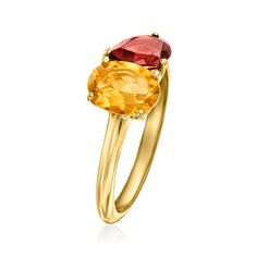 Ross-Simons - 1.10ct Citrine, .90ct Garnet Toi et Moi Ring Over Sterling. Size 7. French for "you and me," Toi et Moi rings are a unique way to celebrate a special relationship in your life. Wear our on-trend, two-stone designs as a sentimental symbol of romance, friendship, family - or simply treat yourself to double the sparkle! This fiery statement features a 1.10 carat oval citrine shimmering beside a .90 carat pear-shaped garnet. Crafted in polished 18kt yellow gold over sterling silver. 1/ Garnet Birthstone, January Birthday, Citrine Ring, Stone Design, Gold Pendant Necklace, Buy 1, Pear Shaped, Stone Rings, Gold Pendant