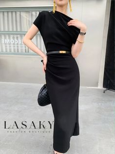 Lasaky - Urban Chic Short Sleeve Asymmetrical Regular Fit Dress Plain Midi Dress, Black Dress Elegant, White Wrap Dress, Fitted Midi Dress, Urban Dresses, Fit Dress, Daily Dress, Urban Chic, Long Sleeve Shirt Dress