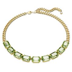 Embrace the feeling of joyful extravagance with this Millenia statement necklace. A fully articulated row of octagonal green crystals adorns the front, each displaying the mastery of Swarovski’s double-prong setting technique. For a contemporary touch, the design features a chunky gold-tone plated chain with a lobster closure and a single Swarovski Zirconia decorating the end. This necklace will complement everything from cocktail attire to a white t-shirt. Swarovski Set Crystal Necklace, Swarovski Jewelry Millenia, Sage Green Crystal Necklace, Sage Green Necklaces, Swarovski Millenia, Silver Pearl Necklace, Crystal Chain, Gold Necklaces, Cross Jewelry