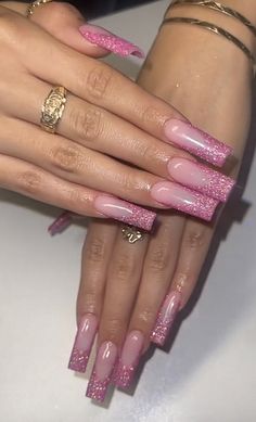 Long Glitter French Tip Nails, Hot Pink Nails With Design Square, Glitter Pink Nails Acrylic, Pink Sparkly Nails Acrylic, Pink Nail Art Designs Glitter, Pink French Tip Nails With Glitter, Deep V French Tip Nails, Glitter French Tips Acrylics, Sparkly Pink Acrylic Nails