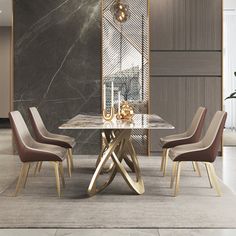 an elegant dining room with marble table and chairs