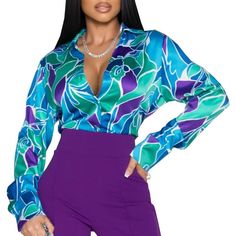 You Will Love These Stylish And Modern Blouses For Women That Have Beautiful, Vibrant Colors. They Have A Pretty Design And Fit Very Well Casual Long Sleeve Shirts Can Be Tie Front As A Dress Which Would Be Welcomed In Party Club Night,Help You Get Many Compliments. Classic Lapel Shirts With Vibrant Color Perfect Casual,Daily Wear,Travelling,Beach Cover Ups,Camping,Formal,Homecoming,Wedding,Birthday Gift,Dinner And So On. Spring Purple V-neck Shirt, Purple V-neck Summer Shirt, Purple Long Sleeve Printed Shirt, Floral Print Long Sleeve Party Shirt, Casual Purple Shirt For Party, Purple Summer Party Shirt, Purple Party Shirt For Summer, Chic Blue Blouse With Vibrant Print, Trendy Blue Floral Print Shirt