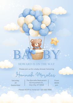 a baby shower is on the way with a teddy bear in a hot air balloon