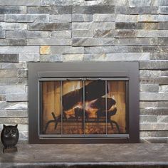 an owl sitting next to a fireplace in front of a stone wall with a fire place