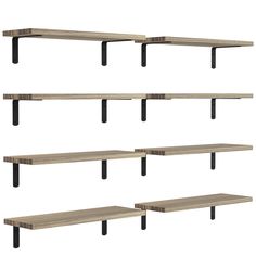 four wooden shelves with black metal legs on each shelf and one is empty, the other has