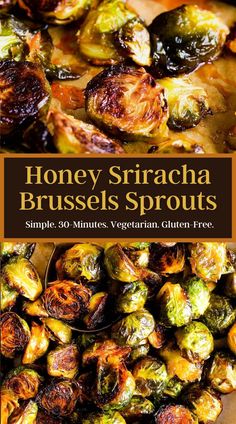 honey sriraca brussel sprouts in a pan with text overlay